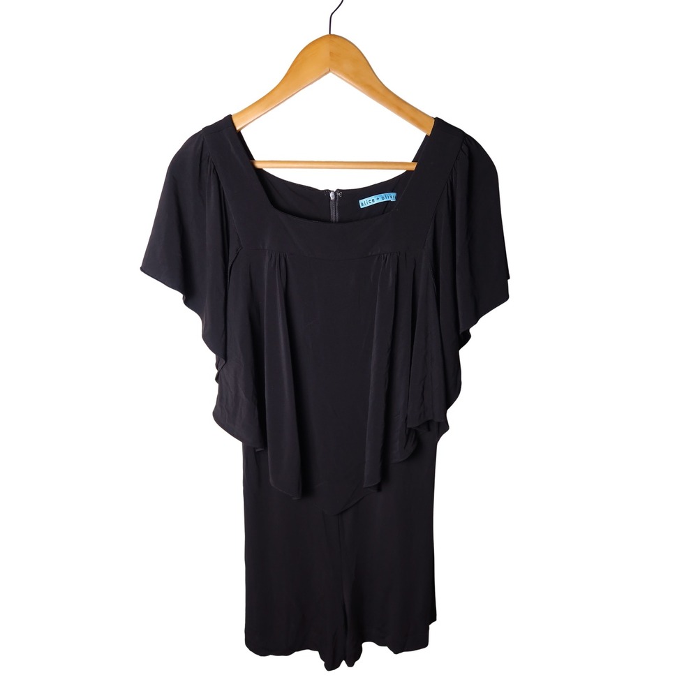 Alice + Olivia Black Flutter Sleeve Draped Romper Square Neck Size 0 Excellent